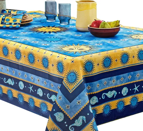 Home Bargains Plus Mantel rectangular de tela mediterránea con sol azul de 60 x 120 pulgadas, diseño de borde de medallón costero, resistente a las