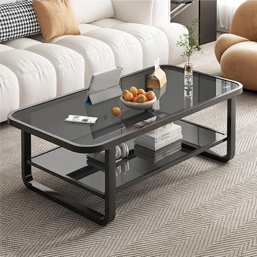 EASYSOUL Mesa auxiliar moderna de cristal, 39.37 x 19.69 x 17.7 pulgadas, mesas de té rectangulares de vidrio de doble capa para sala de estar, Gris