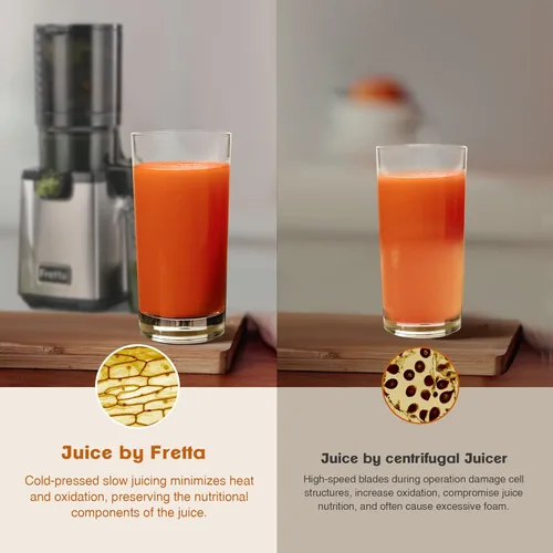 Miniatura 5 de Fretta Exprimidor de prensa en frío, exprimidor de masticación lenta con canal de alimentación grande de 5.3 pulgadas para frutas y verduras
