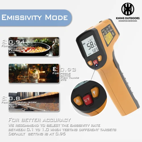 Miniatura 4 de KNINE OUTDOORS Termómetro infrarrojo láser, pistola de temperatura, -58 ℉ a 1112 ℉, enfoque láser único, relación distancia a punto 12:1