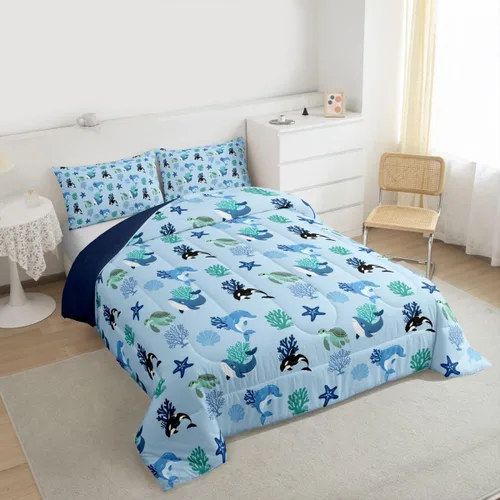 Miniatura 5 de Erosebridal Blue Ocean - Juego de edredón tamaño individual Juego de ropa de cama de ballena delfín y tortuga marina para niños y niñas, juego