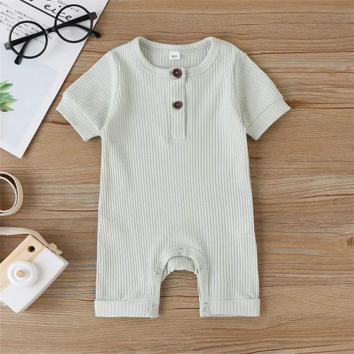 Miniatura 8 de Mameluco unisex de manga corta para bebé recién nacido, con botones, de una pieza, ropa de color sólido