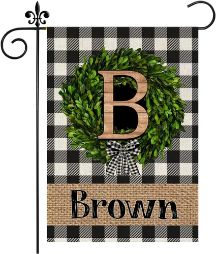 Bandera de jardín personalizada con monograma B con letra inicial, corona de letras iniciales, banderas verticales de doble cara de búfalo a cuadros