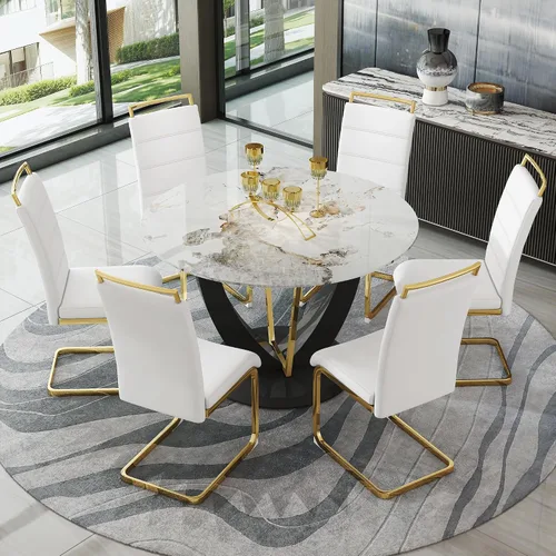 Miniatura 36 de Juego de mesa de comedor redonda de 48'' para 4, juego de mesa y sillas de cocina de mármol, conjunto de 4, mesa redonda con pata de MDF negro