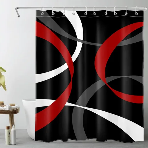 Miniatura 15 de LB Cortina de ducha abstracta rosa para baño, cortina de ducha de tela a rayas grises y blancas sobre fondo negro con ganchos, juego de cortinas