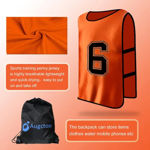 Miniatura 4 de Augctoer Numbered Soccer Pinnies - Chalecos de entrenamiento, baberos de práctica en equipo Scrimmage para adultos y jóvenes, paquete de 6 Naranja