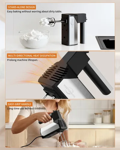 Miniatura 6 de Batidora de mano eléctrica de mano, mezclador eléctrico de 5 velocidades de 200 W con 4 accesorios de acero inoxidable, batidora de mano portátil