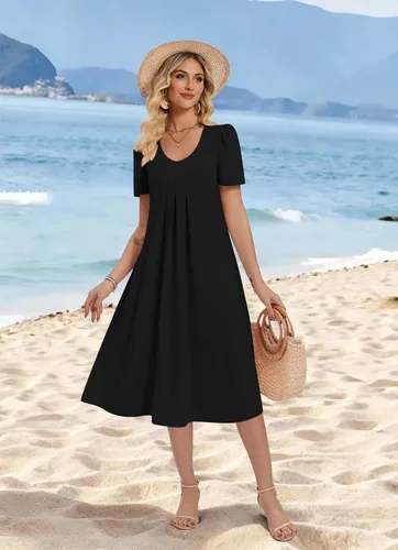Miniatura 4 de Zeagoo Vestido de verano para mujer, casual, floral, midi, con bolsillos, cuello en V, plisado, manga corta, estilo alineado, para vacaciones