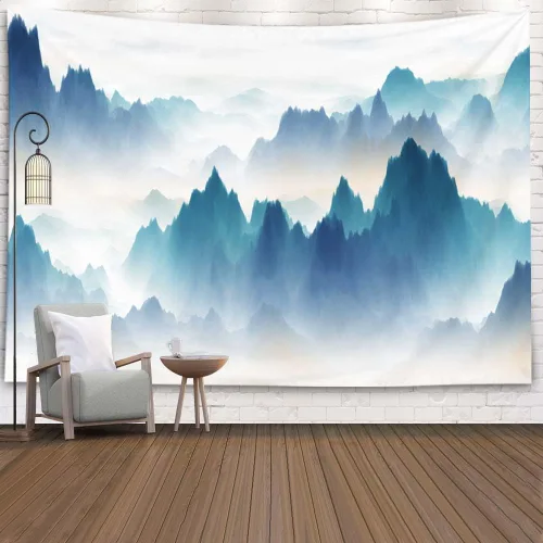 Miniatura 17 de EMMTEEY Tapiz de pared con bosque - Árbol de pino verde y niebla, arte de pared natural, 80x60 pulgadas, tapiz grande de estilo bohemio para sala