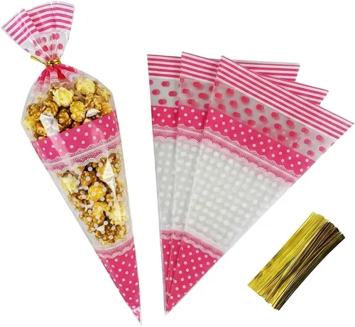 FTVOGUE 50 bolsas transparentes en forma de cono para palomitas de maíz, bolsas de celofán con lazos