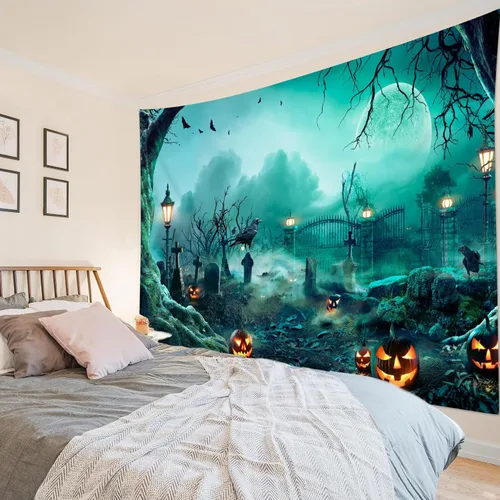 Miniatura 30 de HVEST Tapiz de noche de Halloween, tapiz para colgar en la pared, bosque embrujado con tumba y calabazas, manta de pared para dormitorio, sala