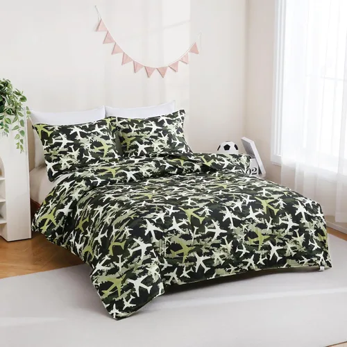 Miniatura 7 de Juego de colcha Yibeizi para avión para niños, tamaño individual, ropa de cama estampada en camuflaje verde para niños con funda de almohada, juego