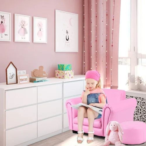 Miniatura 2 de Costzon Sofá para niños con reposapiés, sofá para niños con ASTM y CPSIA con superficie de piel sintética, mini reposabrazos, sofá suave para niños
