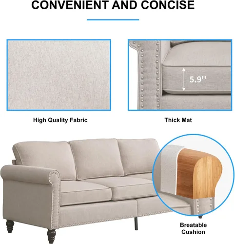 Miniatura 6 de PUREMIND Juego de sofá de 2 piezas para muebles de sala de estar, juego de sofá y silla de oficina moderno de lino con patas de madera maciza, sofá