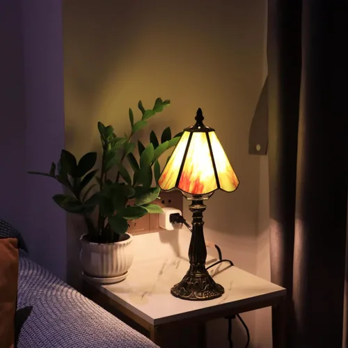 Miniatura 7 de Small Tiffany Table Lamp Amber Green Stained Glass Desk Lamps 6X6X14 Inch Bronze Resin Base Antique Mini Accent Light