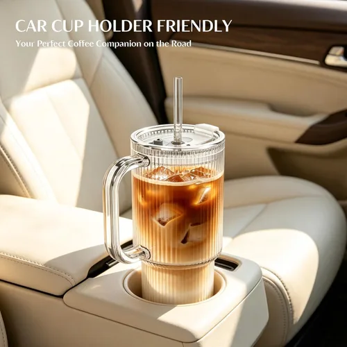 Miniatura 7 de INSETLAN Vaso de vidrio acanalado de 24 onzas con asa y tapa, paquete de 2 tazas grandes para café helado con pajitas, taza de vidrio moderna