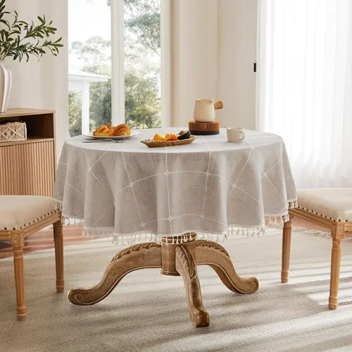 Miniatura 69 de ZeeMart - Mantel de mesa con diseño de cuadrícula boho y borlas (blanco roto, 132 cm x 132 cm), mantel de gran peso de lino a cuadros bordado
