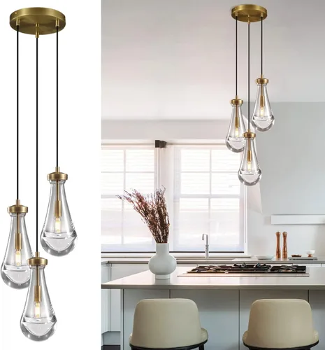 Lámpara colgante de latón de 3 luces para isla de cocina, lámpara colgante de racimo de lluvia, lámpara de techo de cristal con cuerda ajustable,