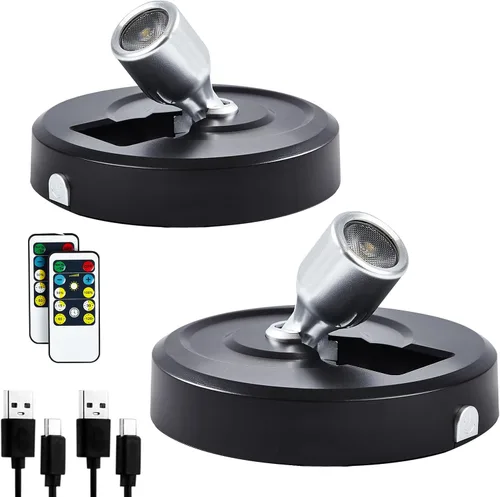 Miniatura 16 de Paquete de 2 Focos LED Inalámbricos a Batería para Cuadros, Luces de Disco con 2 Controles Remotos, Foco Adhesivo Regulable con Temporizador