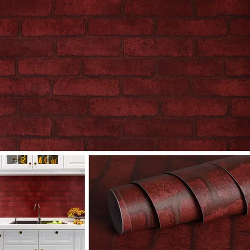 Livelynine Papel de contacto de ladrillo rojo, papel tapiz de ladrillo rojo, papel tapiz de ladrillo sintético, rollo de papel tapiz burdeos para