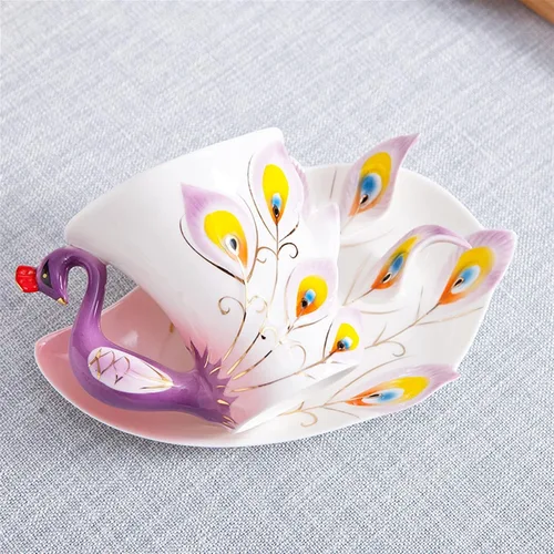 Miniatura 3 de Taza, taza de escritorio de café, taza de cerámica creativa 3D hecha a mano de porcelana esmaltada de pavo real taza de café con platillo y cuchara