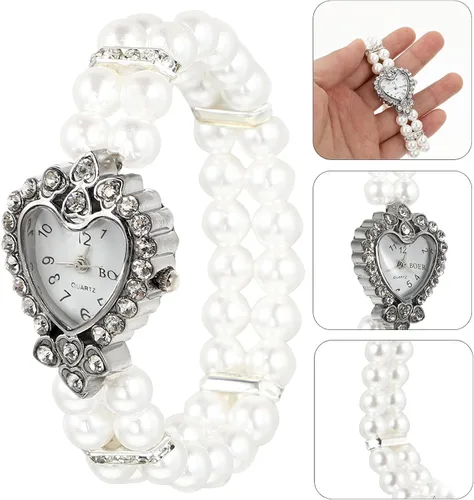 Miniatura 9 de Hemobllo - Reloj de cuarzo para mujer, con perlas elásticas, con esfera de corazón y diamantes de imitación, estilo casual, para niñas, regalo