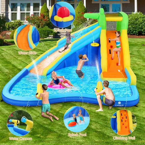 Miniatura 2 de AKEYDIY Toboganes acuáticos inflables, 8 en 1 estilo cocodrilo al aire libre parque acuático inflable con escalada, borde de baloncesto, piscina