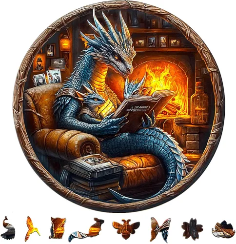 KAAYEE Rompecabezas de madera para adultos, efecto visual 3D, dragón de lectura nocturna familiar, rompecabezas de madera de forma única, Lectura