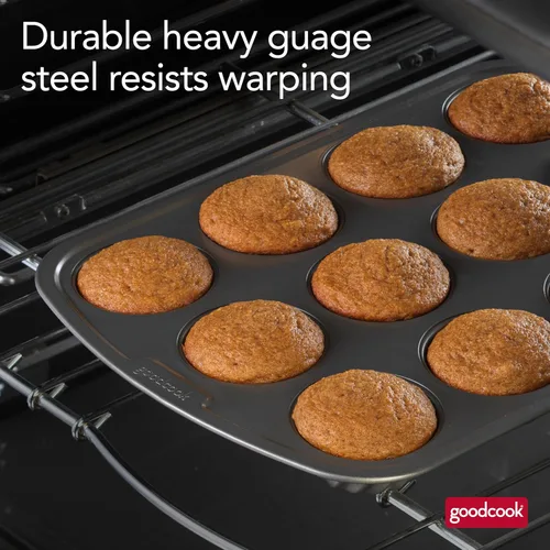 Miniatura 7 de GoodCook Mini molde estriado diario para tartas de construcción de acero antiadherente, hace 12 mini pasteles flautados, color gris