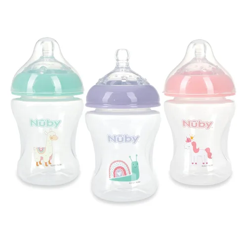 Miniatura 7 de Nuby Paquete de 3 biberones para bebés con pezón de silicona de flujo lento tamaño mamario: 0+ meses, 8 onzas, paquete de 3: delicados estampados