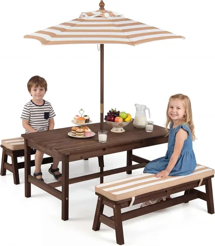 Miniatura 12 de Costzon Mesa de Picnic para Niños, Juego de Mesa y Silla de Madera para Niños Pequeños con Cojines, Sombrilla de Altura Ajustable, Mesa