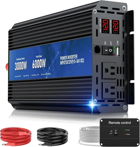 Inversor de Potencia de 3000W, Potencia Pico 6000W 12V DC a AC 110V120V, Control Remoto con 2 Salidas AC y Puerto USB 2.4A, Pantalla LCD para