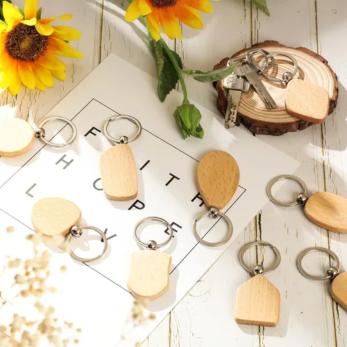 Miniatura 7 de Cunno 20 llaveros de madera en blanco sin terminar grabado láser en blanco con llavero de formas variadas de grabado de madera con anillo