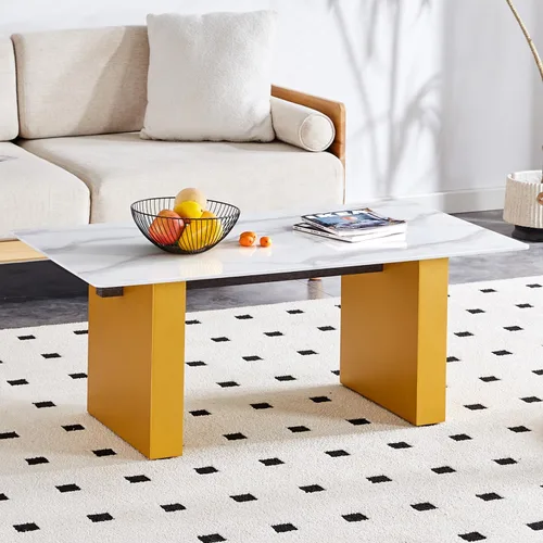 Miniatura 3 de Mesa auxiliar rectangular moderna con almacenamiento para sala de estar, mesa central moderna minimalista de imitación blanca, mesa de café