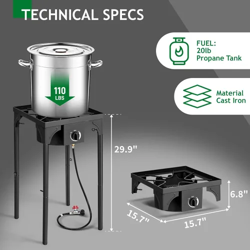 Miniatura 6 de Karl home Estufa de gas propano de 1 quemador para cocinar al aire libre, cocina de campamento de 75,000 BTU con patas extraíbles y regulador PSI