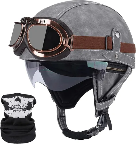 Miniatura 7 de Casco de motocicleta de estilo alemán, casco de cuero retro, aprobado por el DOT, para adultos, hombres y mujeres, casco de media cara vintage