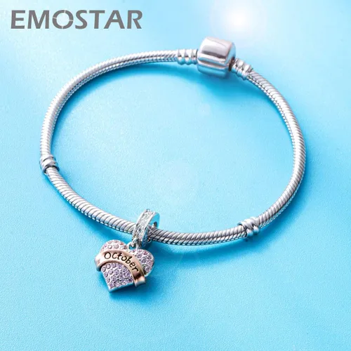 Miniatura 3 de Dijes de piedra natal de enero a diciembre para pulsera de cumpleaños europea, colgante colgante colgante en forma de corazón de plata de ley 925
