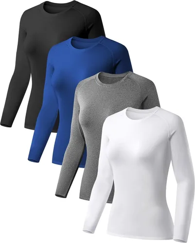 TELALEO Paquete de 4 camisetas de compresión para mujer, manga largacorta, entrenamiento, capa base, atlética, equipo deportivo