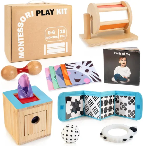 WOODMAM Juguetes Montessori para bebés de 0 a 6 meses, juguetes educativos sensoriales de aprendizaje 9 en 1 para recién nacidos de 0 a 3-6 meses,