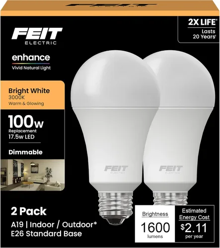 Feit Electric Bombillas LED A19 equivalentes a 100 W, regulables, blanco brillante de 3000 K, 1600 lúmenes, vida útil de 22 años, base E26, CRI 90,