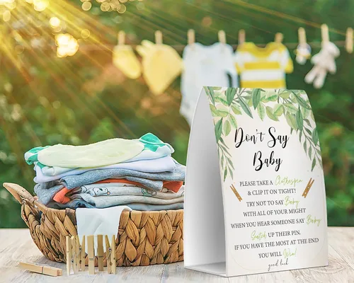 Miniatura 3 de Juego de texto en inglés "Don't Say Baby", un letrero de 5 x 7 pulgadas y 50 mini pinzas para la ropa, juegos de baby shower, decoración de baby