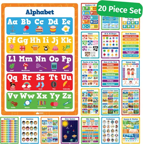 Carteles educativos para el aula, 20 piezas de 16 x 11 pulgadas, suministros esenciales para el aula del profesor, póster del alfabeto ABC, Juego de