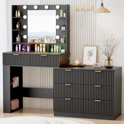 Miniatura 10 de Escritorio de tocador de maquillaje con espejo y luces, escritorio de madera estriada de 45 pulgadas con parte superior de cristal, 5 cajones y Roble
