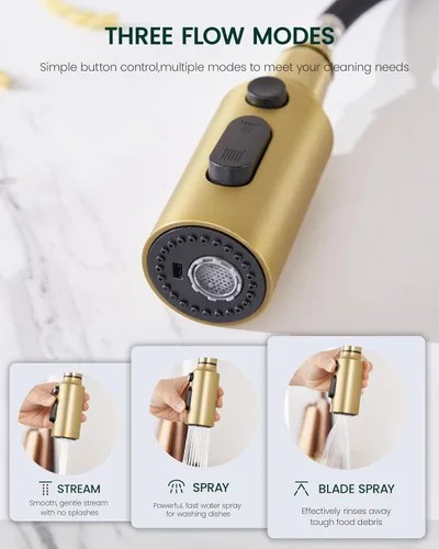 Miniatura 2 de Cabezal rociador desplegable para fregadero de cocina, repuesto con 15 adaptadores, boquilla rociadora de grifo extraíble de 3 funciones, oro Oro