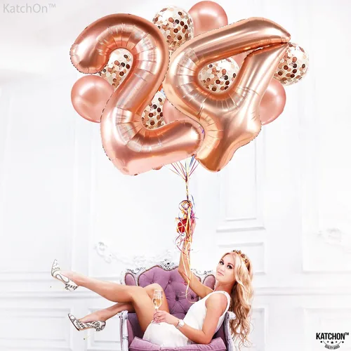 Miniatura 7 de KatchOn, Globos de oro rosa con el número 24, 40 pulgadas, globos de cumpleaños 24 para mujer, globos del número 24 con globos de confeti