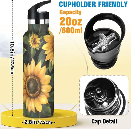 Miniatura 2 de Trendy Sunflower Oil Painting Style Leak Proof & BPA Free Sports Insulated Water Bottle With Straws Leak-proof Hot & Cold Double Walled for