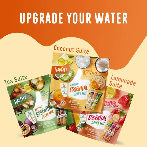 Miniatura 6 de Paquetes de saborizantes para agua FlavCity Anytime Essential Coconut - Mezcla de bebida en polvo con colágeno y agua de coco - Paquetes