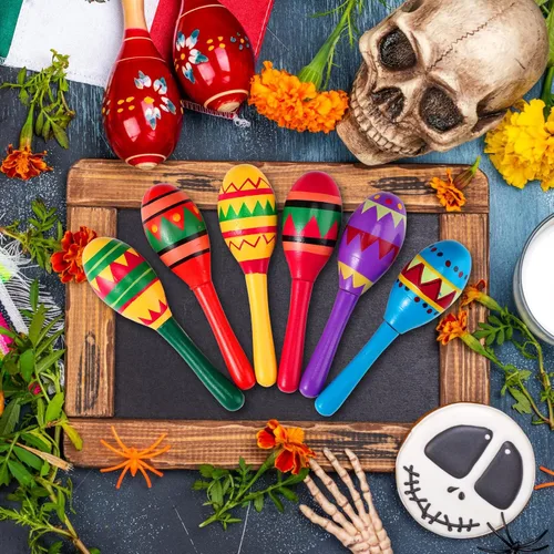 Miniatura 6 de Hungdao 36 piezas de mini maracas de madera para fiestas mexicanas a granel, 6 diseños de maracas de madera para fiestas de fiesta de Cinco de Mayo