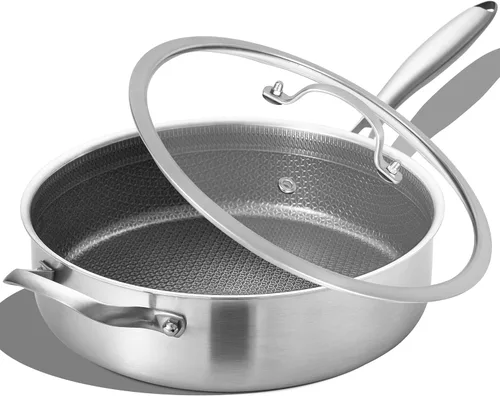 LOLYKITCH Sartén Salteadora Híbrida Antiadherente Tri-Capa de Acero Inoxidable de 6 Cuartos con Tapa, Sartén para Freír Profunda de 12 Pulgadas,