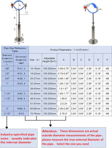 Miniatura 3 de Soportes de tubería de montaje en techo para montaje en pared, abrazaderas de tubo ajustables, perchas, acero inoxidable 304, 2 piezas adecuadas